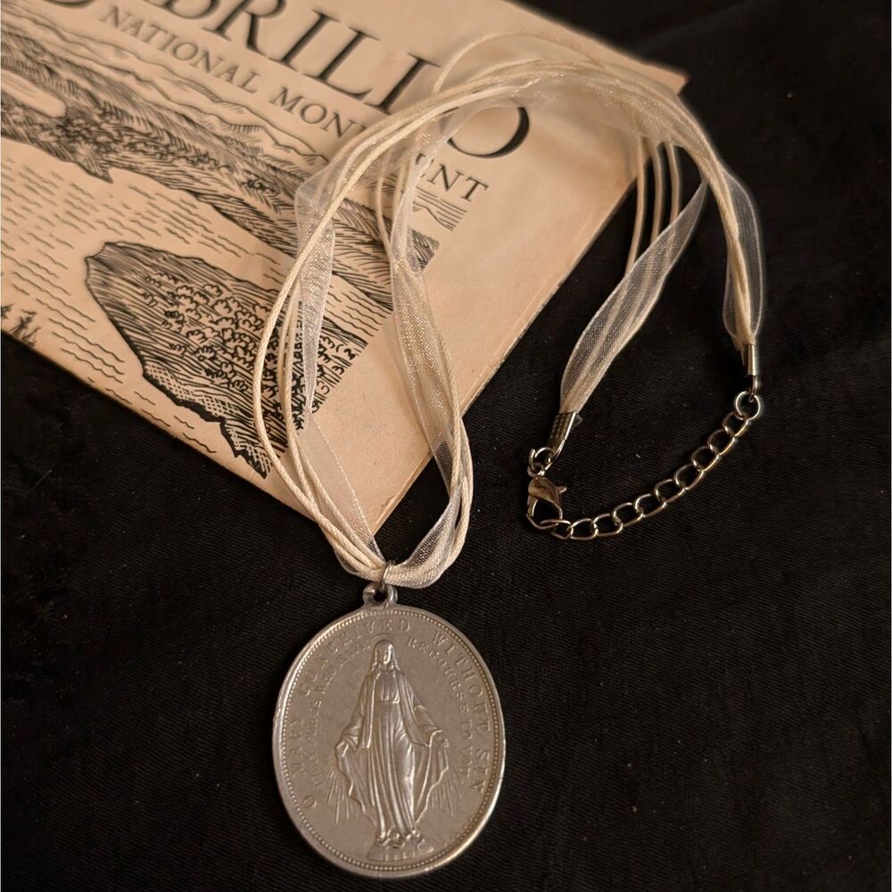 Mother Mary Silver Pendant White Ribbon Necklace